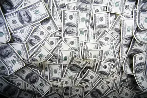 American Currency Pile Prints: One hundred dollars pile as background