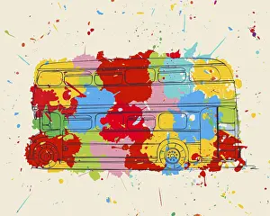 London Transport Prints: Double decker sketch over colored splats