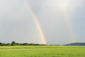 Deserted Countryside Scenes Prints: Double rainbow over green fields