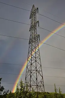 Electric Power Wire Overhead Line Prints: Double rainbow behind a high-voltage pylon