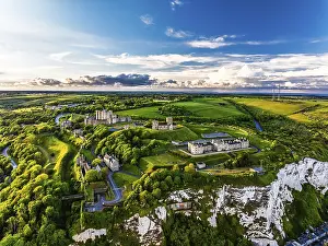 Steep Cliff Landscape Photography Prints: Dover Castle from a drone, White Cliffs