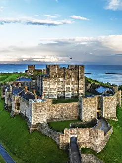 Aerial Landscape Photography UK Prints: Dover Castle from a drone, White Cliffs