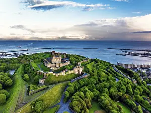 Aerial Landscape Photography UK Prints: Dover Castle from a drone, White Cliffs
