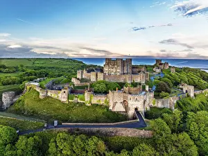 Historic British Castles Prints: Dover Castle from a drone, White Cliffs