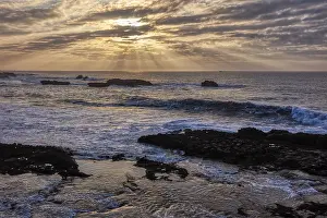 Cloud Formation Photography Prints: Dramatic cloud formations and sunbeams over the sea at sunset