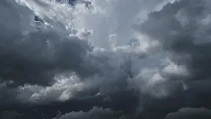 Gloomy Weather Forecast Prints: Dramatic dark storm clouds in sky background