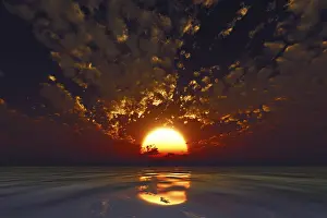 US American Coastline Prints: Dramatic red sunset over sea