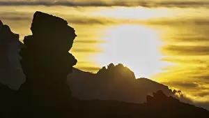 Mountainous Landscape Scene Prints: Dramatic rock silhouettes at sunset