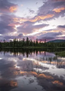 Dramatic Sunset Norway Prints: Dramatic sunset by the river Namsen with reflection