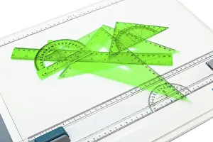 White Studio Space Prints: Drawing board with measuring instruments on a white background
