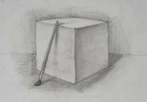 Monochrome Artwork Prints: A drawing features a three-dimensional cube sitting on a flat surface
