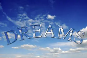 Cloudy Sky Background Prints: Dreams text with clouds texture against a sky background