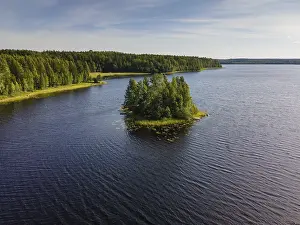 Prints of Drone image of lake with island, near Hartola, forest, Finland Lake Prints: Drone Print of Lake with Island in Finland