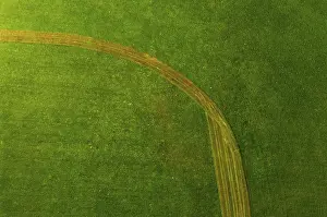 Agricultural Landscape From Above Prints: Drone image, structure of a mown meadow