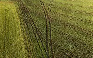 Agricultural Landscape From Above Prints: Drone image, structures on a mown meadow with ruts