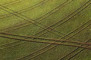 Drone Image Of Agricultural Landscape Prints: Drone image, structures on a mown meadow with ruts