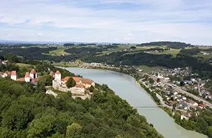 Prints of Drone shot, Neuburg am Inn Castle with view to Wenstein am Inn, Neuburg am Inn, Lower Bavaria, Bavaria, Germany, Austria Map Prints: Neuburg am Inn Castle Print, Germany/Austria
