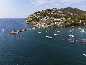Prints of Drones image, coast with lighthouse, Port d'Andratx, region Andratx, Majorca, Balearic Islands, Spain Drones image, coast with lighthouse, Port d'Andratx, region Andratx, Majorca, Balearic Islands Aerial View Prints: Drones Image, Port d'Andratx Lighthouse Print