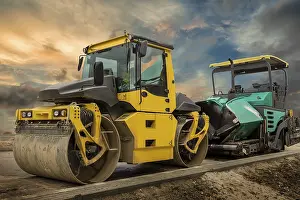 Construction Site Vehicles Prints: Drum roller and asphalt spreading machine