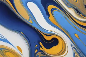 Deserted Street Art Prints: Dynamic pattern with fluid curves in blue and yellow
