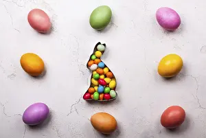 Flat Lay Food Photography Prints: Easter concept with natural dyed easter eggs and candy