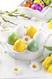Easter Egg Decorations Prints: Easter eggs with spring flowers decorating table