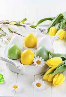 Easter Egg Decorations Prints: Easter eggs with spring flowers decorating table