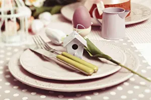 Easter Table Setting Prints: Easter serving, lilac plates and green flatware and decor
