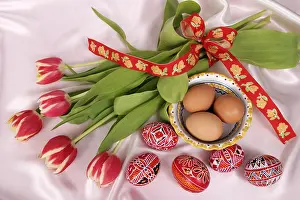 Decorative Easter Eggs Prints: Easter setting with eggs and tulips