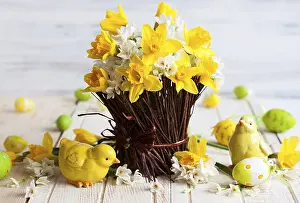 Spring Heralds Of Spring Prints: Easter table decoration with fresh daffodils