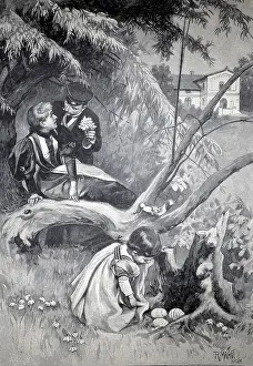 Authentic Woodcut Print Prints: Easter time, the child has found an Easter basket with Easter eggs