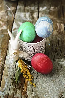 Colorful Easter Decorations Prints: Easter time, spring flowers, easter eggs and easter bunny