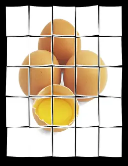 Plain Colored Background Eggs Prints: Four eggs, one open, isolated on white background