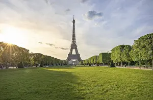 Paris France Landmark Prints: Eiffel Tower with park in the evening light