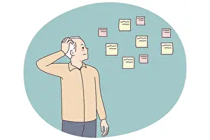Healthcare System Challenges Prints: Elderly man making notes suffering from memory loss