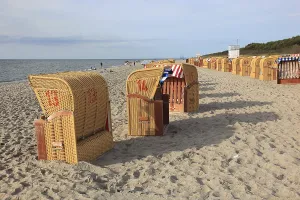 Deserted Baltic Sea Beach Prints: Empty, locked beach chairs on the beach