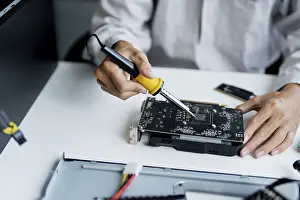 Computer Motherboard Prints: IT Engineer installing Hardware Equipment Development Facility Engineer Maintenance computer Motherboard Electronic