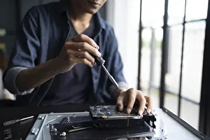 Electronic Repair Shop Prints: IT Engineer installing Hardware Equipment Development Facility Engineer Maintenance computer Motherboard Electronic