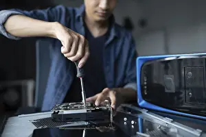 Computer Motherboard Prints: IT Engineer installing Hardware Equipment Development Facility Engineer Maintenance computer Motherboard Electronic