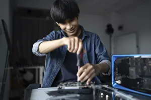 Electronic Repair Shop Prints: IT Engineer installing Hardware Equipment Development Facility Engineer Maintenance computer Motherboard Electronic