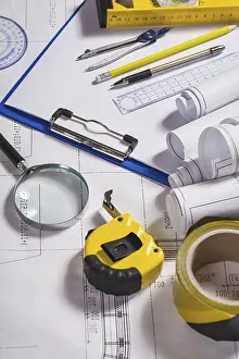 Magnifying Glass Image Prints: Engineer tools on blueprint