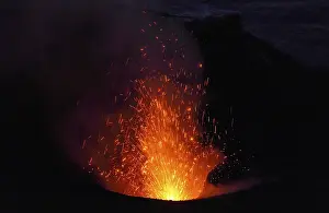 Southern Europe Volcanism Prints: Eruption of layer volcano Stromboli at night