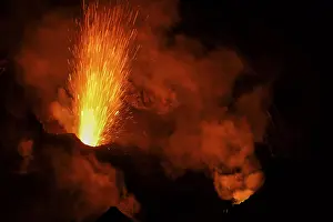 Southern Europe Volcanism Prints: Eruption of layer volcano Stromboli at night