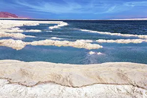 Dead Sea Landscape Prints: The evaporated salt forms bizarre patterns on the surface of the water