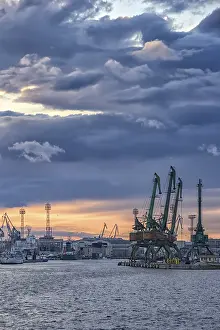 Deserted Harbor View Prints: In the evening, the part of port with cranes