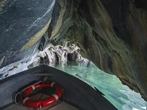Marble Caves Chile Prints: Excursion boat inside the marble caves