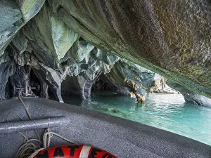 Marble Caves Chile Prints: Excursion boat inside the marble caves