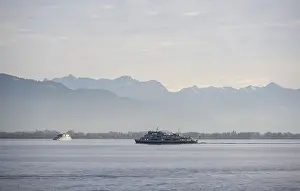 Snowy Mountain Peaks Germany Prints: Excursion boat on Lake Constance