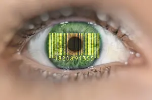 Data Transmission Control Prints: Detail of eye with barcode EAN