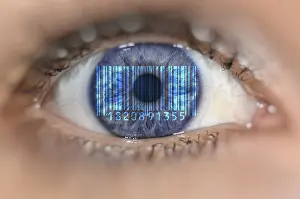 Computer Crime Prevention Prints: Detail of eye with barcode EAN